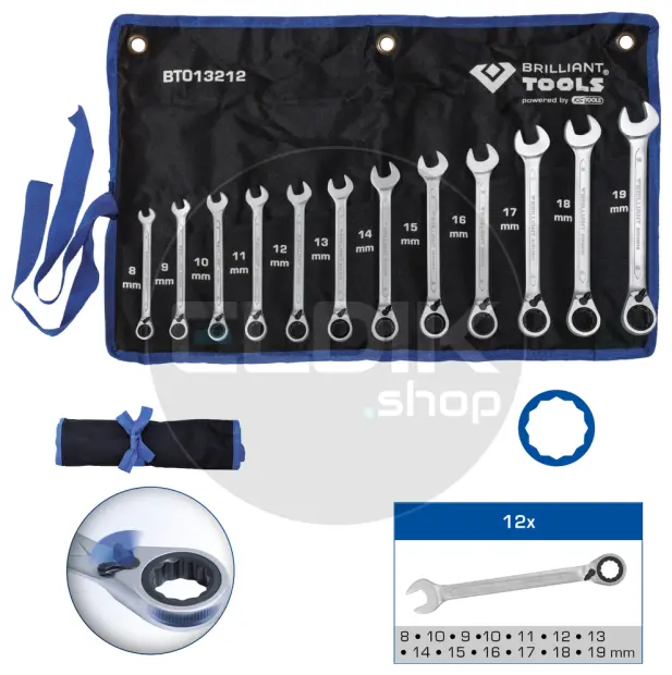 Brilliant Tools BT013212 Ratelringsleutelset, omschakelbaar, 12-dlg, 8 - 19 mm