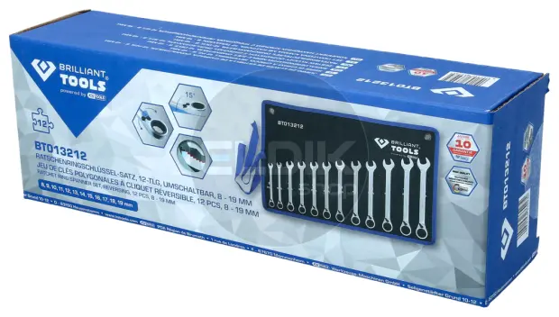 Brilliant Tools BT013212 Ratelringsleutelset, omschakelbaar, 12-dlg, 8 - 19 mm