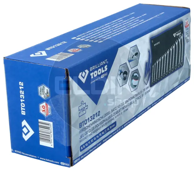 Brilliant Tools BT013212 Ratelringsleutelset, omschakelbaar, 12-dlg, 8 - 19 mm
