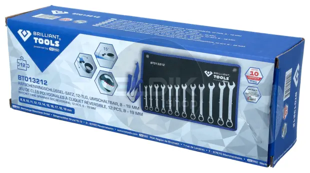 Brilliant Tools BT013212 Ratelringsleutelset, omschakelbaar, 12-dlg, 8 - 19 mm