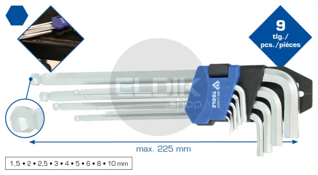 Brilliant Tools BT045019 Haakse stiftsleutelset, 9-dlg, inbusprofiel, lang