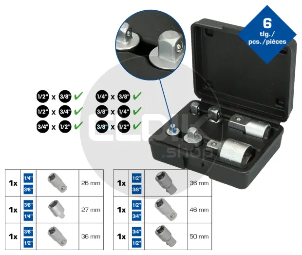 Brilliant Tools BT024006 Adapterset, 6 dlg, 1/4" + 3/8" + 1/2" + 3/4"