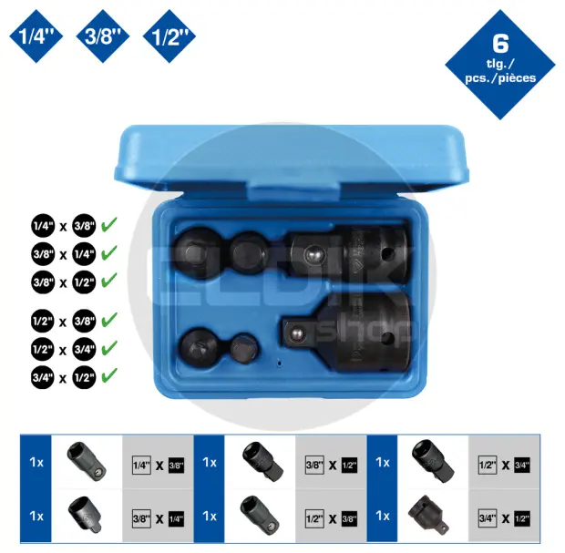 Brilliant Tools BT024605 Krachtadapterset, 6 dlg, 1/4" + 3/8" + 1/2" + 3/4"