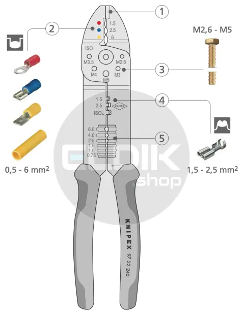 Knipex 97 22 240 Multifunctionele Krimptang voor Kabelschoenen 0,5–6,0 mm²