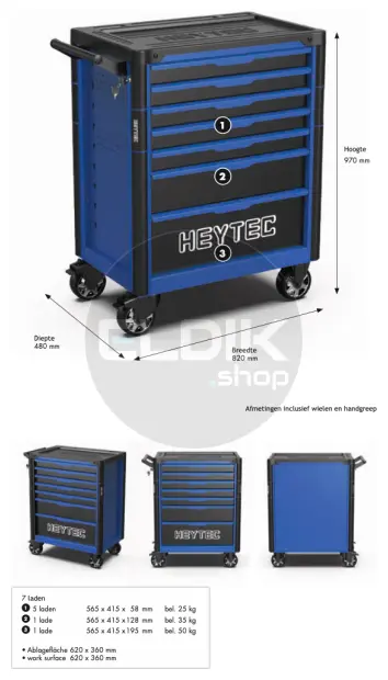 Heytec 50811322700 Gevulde gereedschapswagen 7 laden | 132 Delig in Foam inlay | Blauw