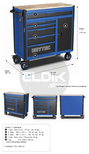 Heytec 50811330120 Gevulde gereedschapswagen 6 laden | 167 Delig in Foam inlay | Blauw