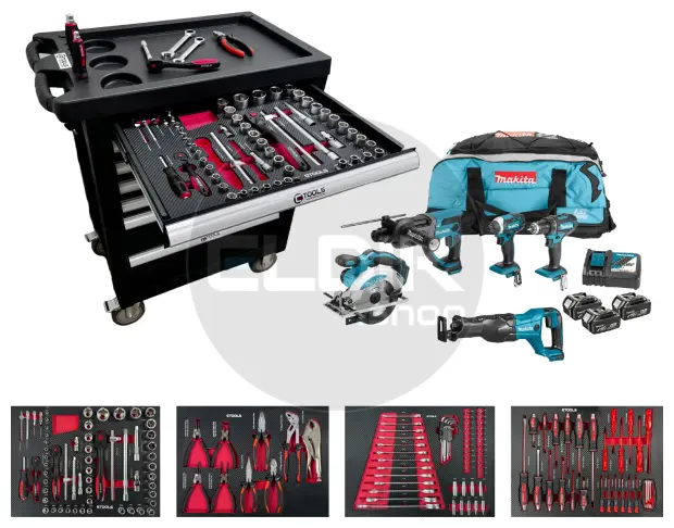 E-Tools 173191 154 Delige Gevulde Gereedschapswagen + Makita 18V Combiset