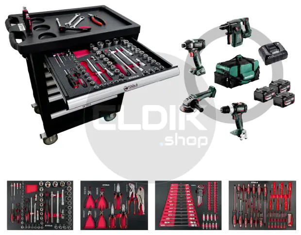 E-Tools 173207 154 Delige Gevulde Gereedschapswagen + Metabo 18V Combiset