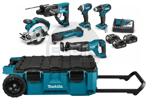 Makita DLX6038T-1 18V combiset – 6 machines + 3 accu’s + lader + Maktrak trolley
